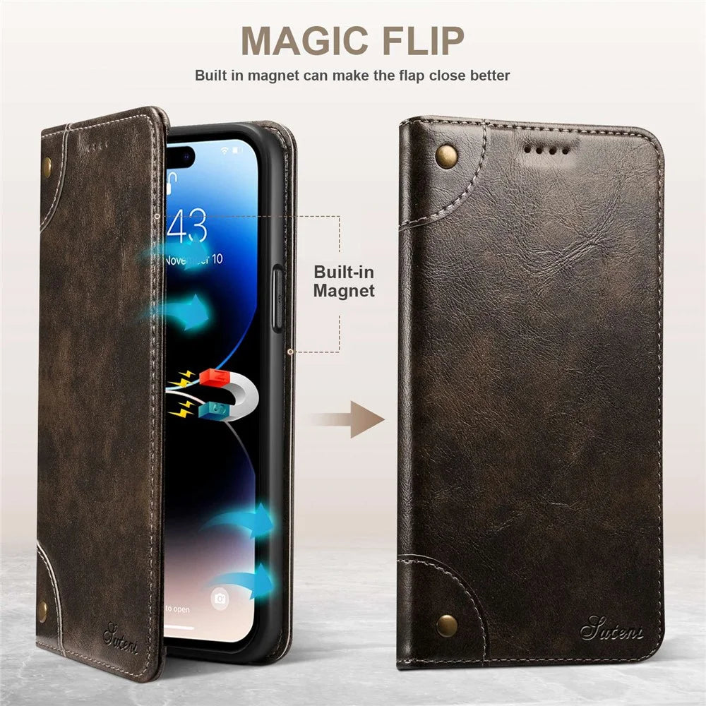 SUTENI For iPhone 14 Pro Anti-scratch Protective Case Magnetic Buckle PU Leather TPU Wallet Phone Cover - Dark Grey - 3