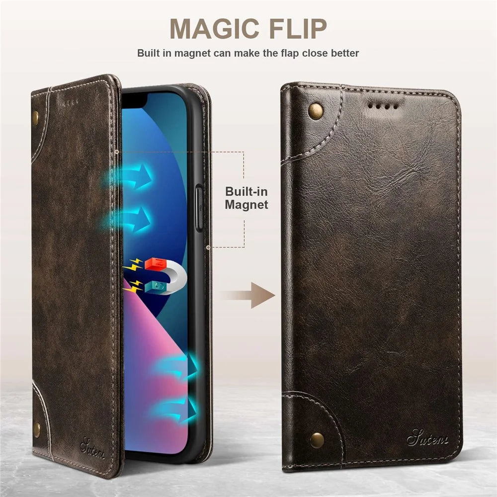 SUTENI For iPhone 14 Plus Anti-scratch Phone Stand Case PU Leather + TPU Wallet Magnetic Auto-absorbed Phone Cover - Dark Grey - 3