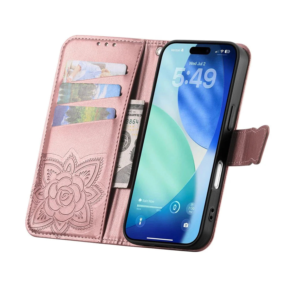 For iPhone 18 Pro / 17 Pro Case 3D Rhinestone Decor Butterfly Flower Leather Phone Cover with Wrist Strap - Rose Gold - 2