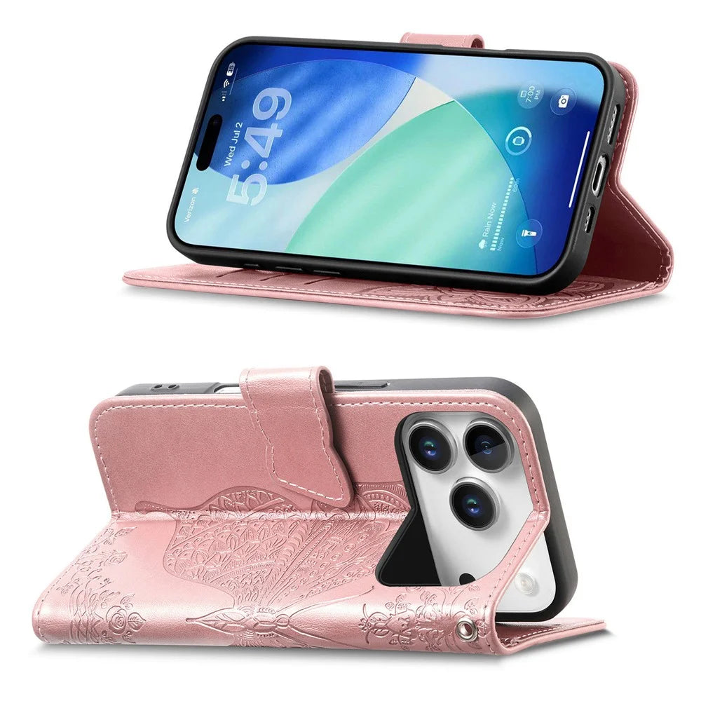 For iPhone 18 Pro / 17 Pro Case 3D Rhinestone Decor Butterfly Flower Leather Phone Cover with Wrist Strap - Rose Gold - 3