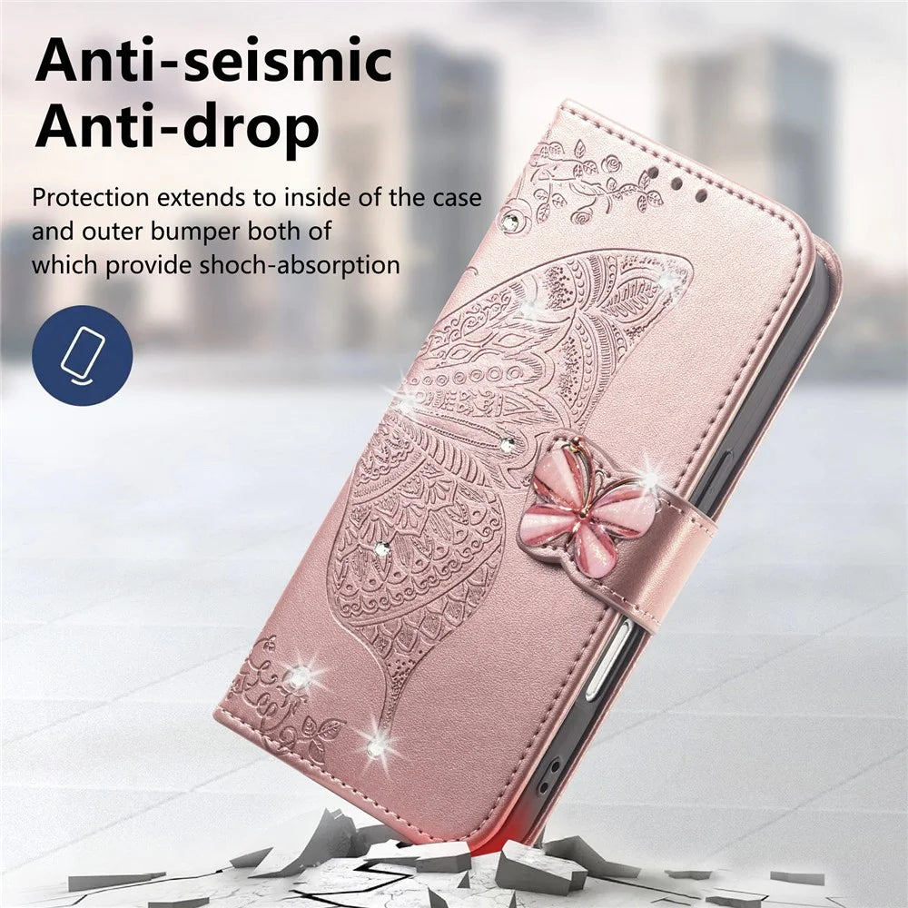 For iPhone 18 Pro / 17 Pro Case 3D Rhinestone Decor Butterfly Flower Leather Phone Cover with Wrist Strap - Rose Gold - 6