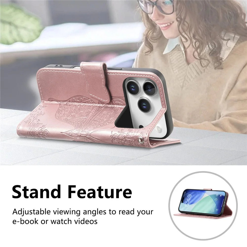For iPhone 18 Pro / 17 Pro Case 3D Rhinestone Decor Butterfly Flower Leather Phone Cover with Wrist Strap - Rose Gold - 7