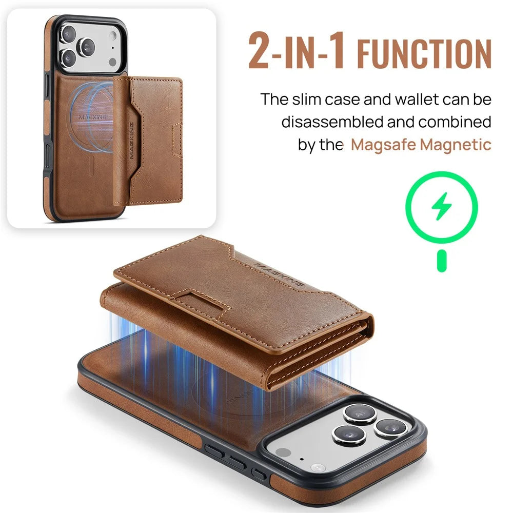 MAGKING K4 Series For iPhone 18 Pro / 17 Pro Case Compatible with MagSafe Detachable Wallet PU TPU PC Phone Cover - Brown - 5