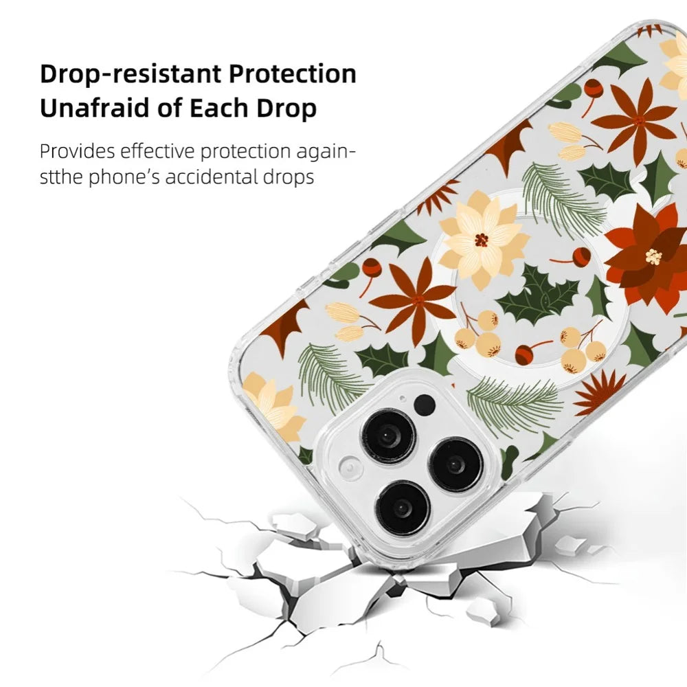 EYCASE For iPhone 16 Pro Max Christmas Series Case Gift Clear Edge Pattern Print TPU + Acrylic Cover Compatible with MagSafe - Vintage Christmas Floral - 3