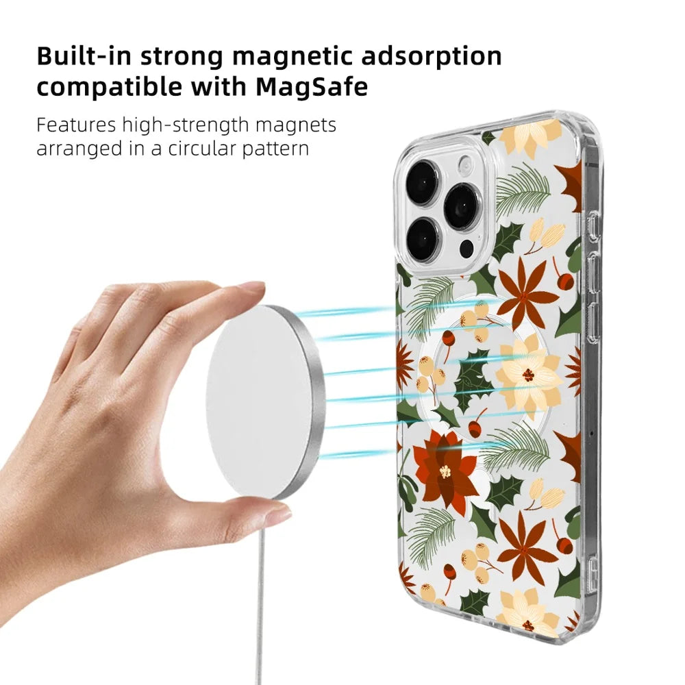 EYCASE For iPhone 16 Pro Max Christmas Series Case Gift Clear Edge Pattern Print TPU + Acrylic Cover Compatible with MagSafe - Vintage Christmas Floral - 4