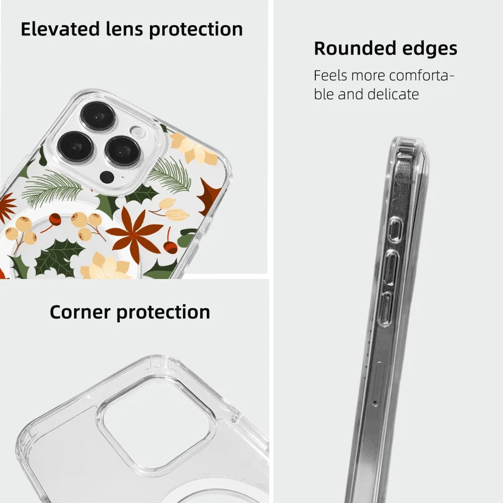 EYCASE For iPhone 16 Pro Max Christmas Series Case Gift Clear Edge Pattern Print TPU + Acrylic Cover Compatible with MagSafe - Vintage Christmas Floral - 7