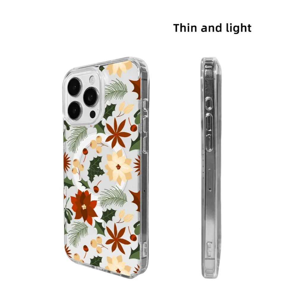 EYCASE For iPhone 16 Pro Christmas Series Case Gift Clear Edge Pattern Print TPU + Acrylic Cover Compatible with MagSafe - Vintage Christmas Floral - 6