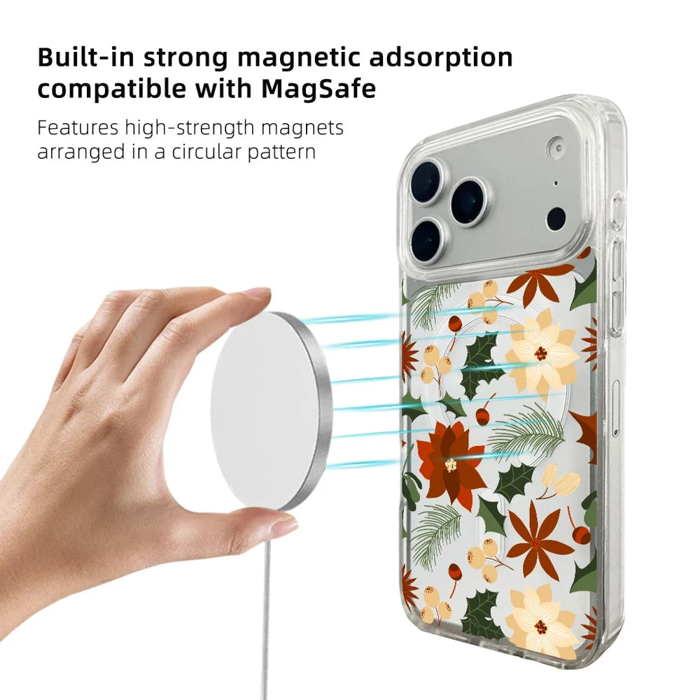 EYCASE For iPhone 17 Pro Christmas Series Case Gift Clear Edge Pattern Print TPU + Acrylic Cover Compatible with MagSafe - Vintage Christmas Floral - 4
