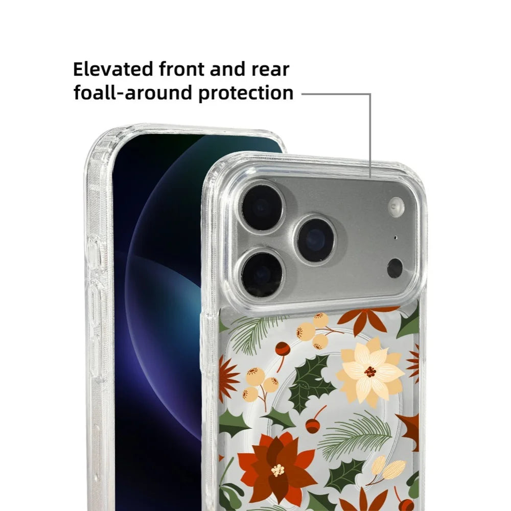 EYCASE For iPhone 17 Pro Christmas Series Case Gift Clear Edge Pattern Print TPU + Acrylic Cover Compatible with MagSafe - Vintage Christmas Floral - 5