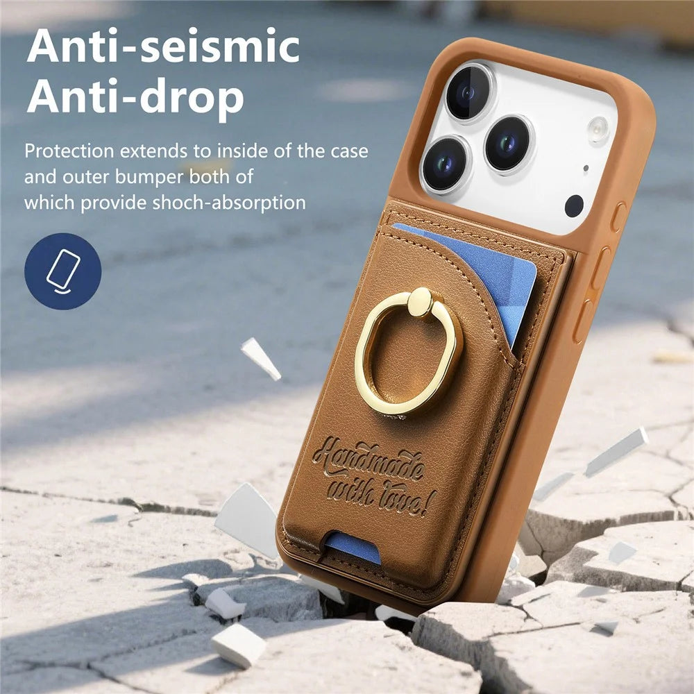 For iPhone 18 Pro Max / 17 Pro Max Case Card Holder Rhinestone Ring Holder Kickstand Leather Back Phone Cover - Brown - 7