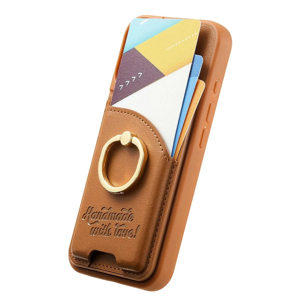 For iPhone 18 Pro / 17 Pro Case Card Holder Rhinestone Ring Holder Kickstand Leather Back Phone Cover - Brown - 2