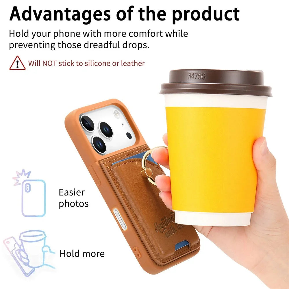 For iPhone 18 Pro / 17 Pro Case Card Holder Rhinestone Ring Holder Kickstand Leather Back Phone Cover - Brown - 6