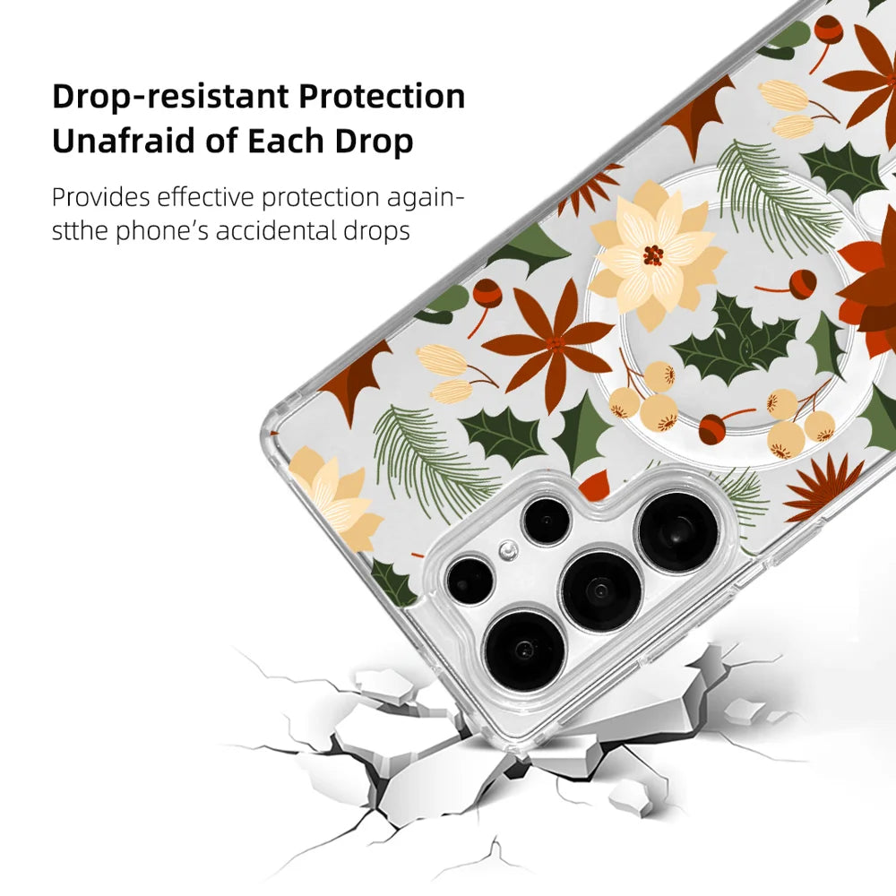 EYCASE For Samsung Galaxy S25 Ultra Christmas Series Magnetic Case Gift Clear Edge Pattern Print TPU + Acrylic Cover - Vintage Christmas Floral - 3