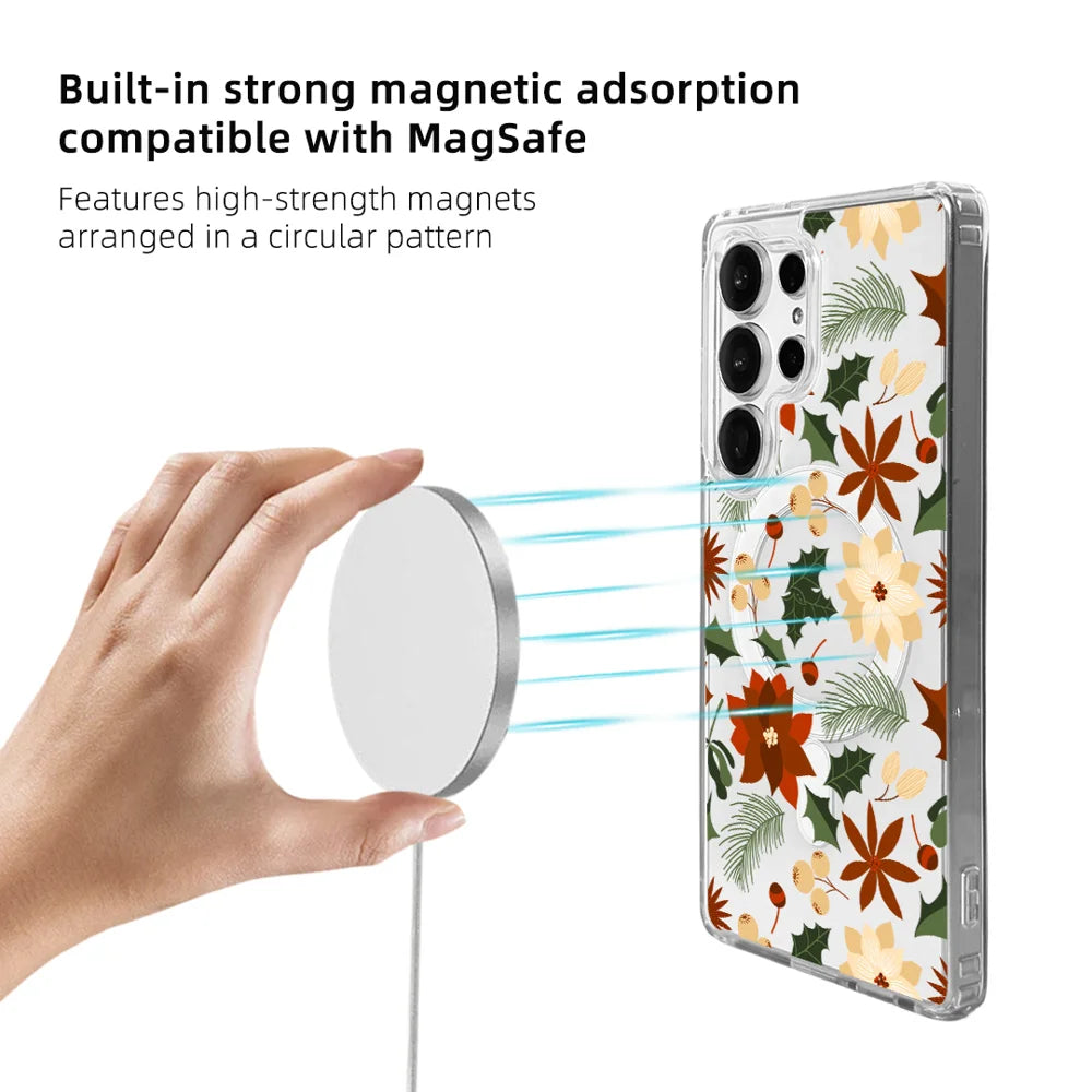 EYCASE For Samsung Galaxy S25 Ultra Christmas Series Magnetic Case Gift Clear Edge Pattern Print TPU + Acrylic Cover - Vintage Christmas Floral - 4