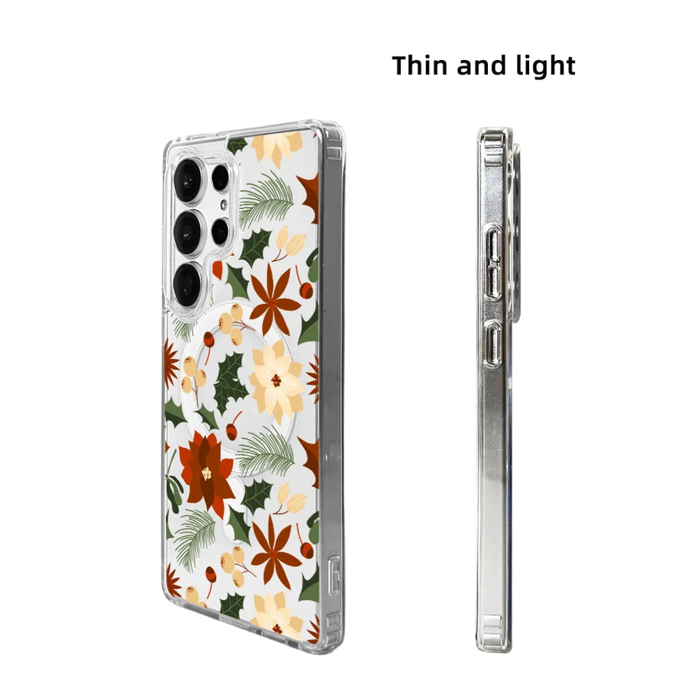 EYCASE For Samsung Galaxy S25 Ultra Christmas Series Magnetic Case Gift Clear Edge Pattern Print TPU + Acrylic Cover - Vintage Christmas Floral - 6
