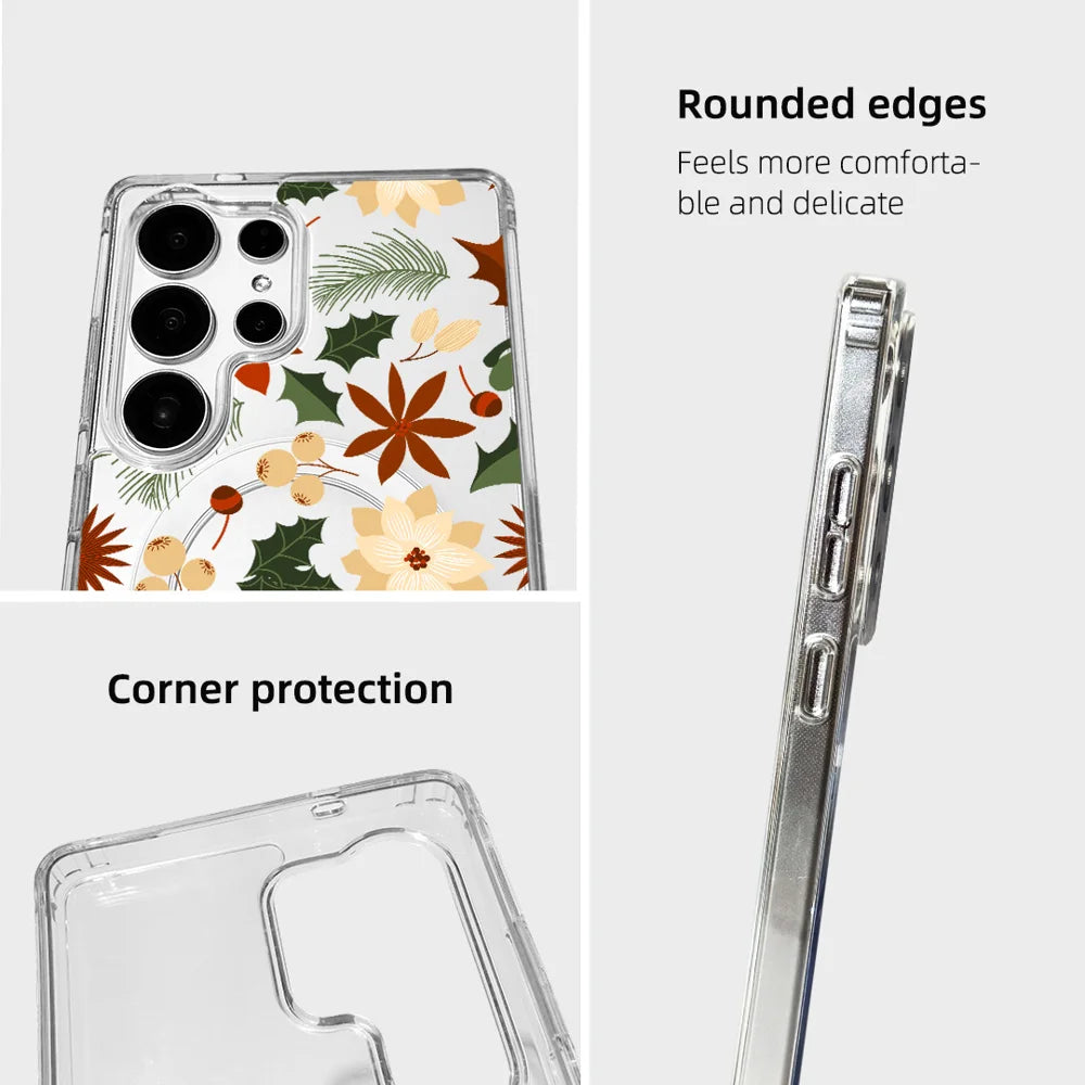 EYCASE For Samsung Galaxy S25 Ultra Christmas Series Magnetic Case Gift Clear Edge Pattern Print TPU + Acrylic Cover - Vintage Christmas Floral - 7
