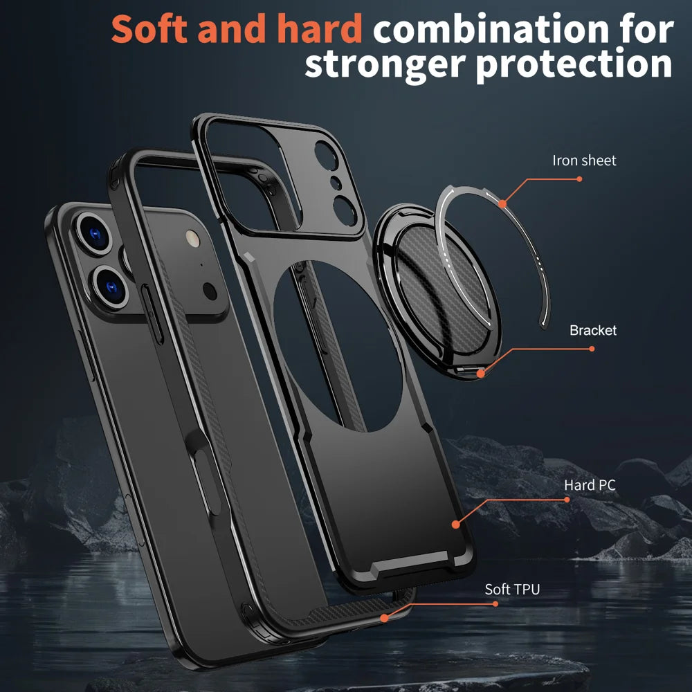 For iPhone 18 Pro / 17 Pro Case Compatible with MagSafe TPU + PC Phone Cover with Damping Rotating Stand - Black - 6