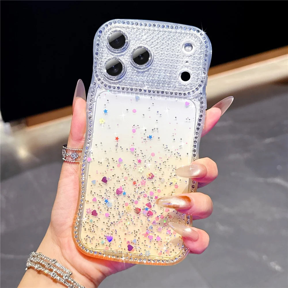 For iPhone 18 Pro / 17 Pro Case Glitter Epoxy Design TPU Protective Case with Sparkly Rhinestone Decor Wave Frame - Gradient Yellow - 1