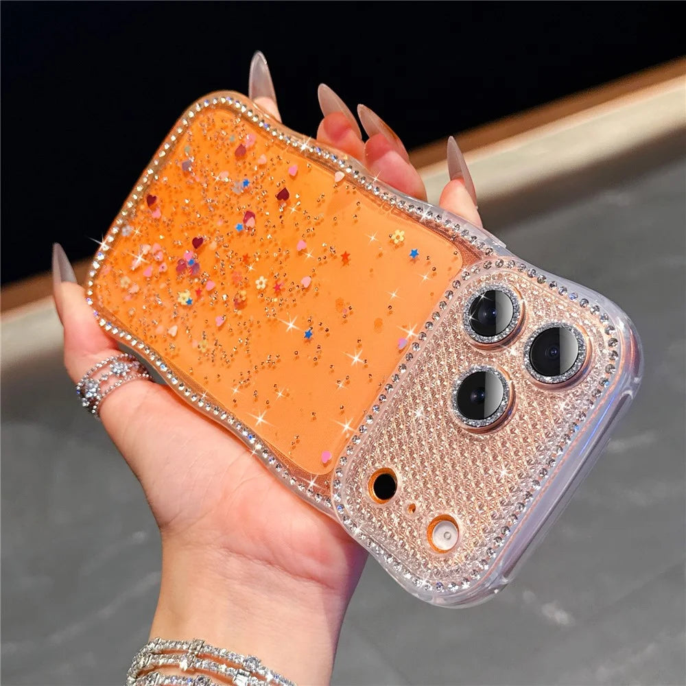 For iPhone 18 Pro / 17 Pro Case Glitter Epoxy Design TPU Protective Case with Sparkly Rhinestone Decor Wave Frame - Gradient Yellow - 2