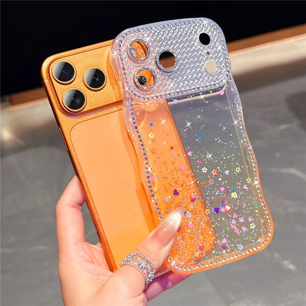 For iPhone 18 Pro / 17 Pro Case Glitter Epoxy Design TPU Protective Case with Sparkly Rhinestone Decor Wave Frame - Gradient Yellow - 3