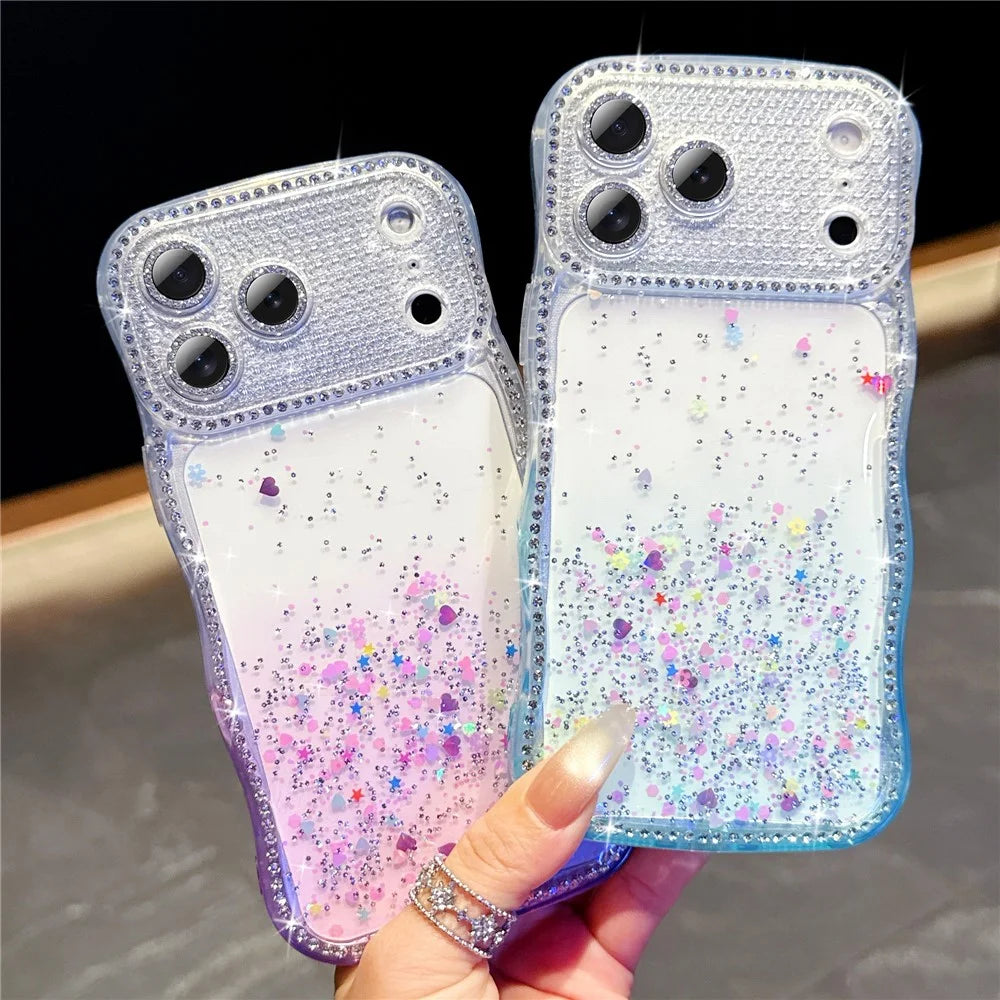 For iPhone 18 Pro / 17 Pro Case Glitter Epoxy Design TPU Protective Case with Sparkly Rhinestone Decor Wave Frame - Gradient Yellow - 4