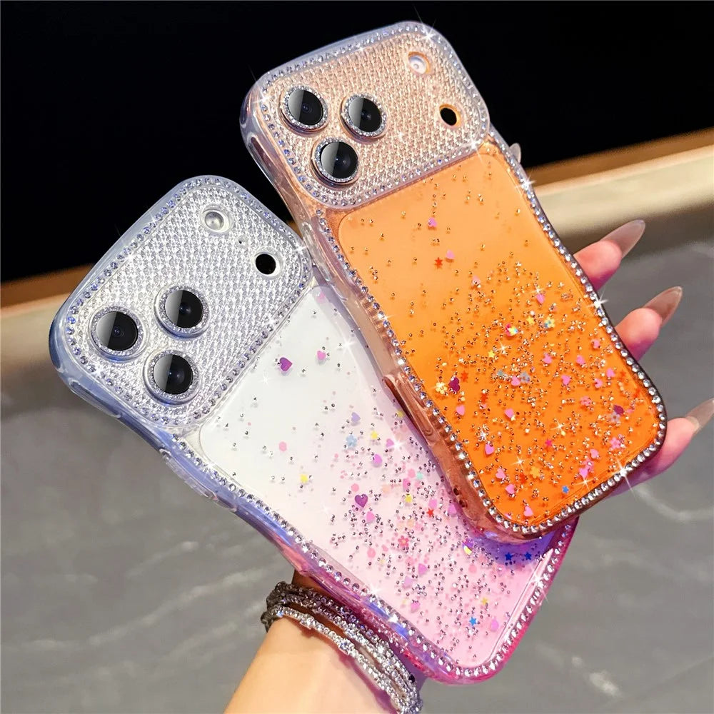 For iPhone 18 Pro / 17 Pro Case Glitter Epoxy Design TPU Protective Case with Sparkly Rhinestone Decor Wave Frame - Gradient Yellow - 5