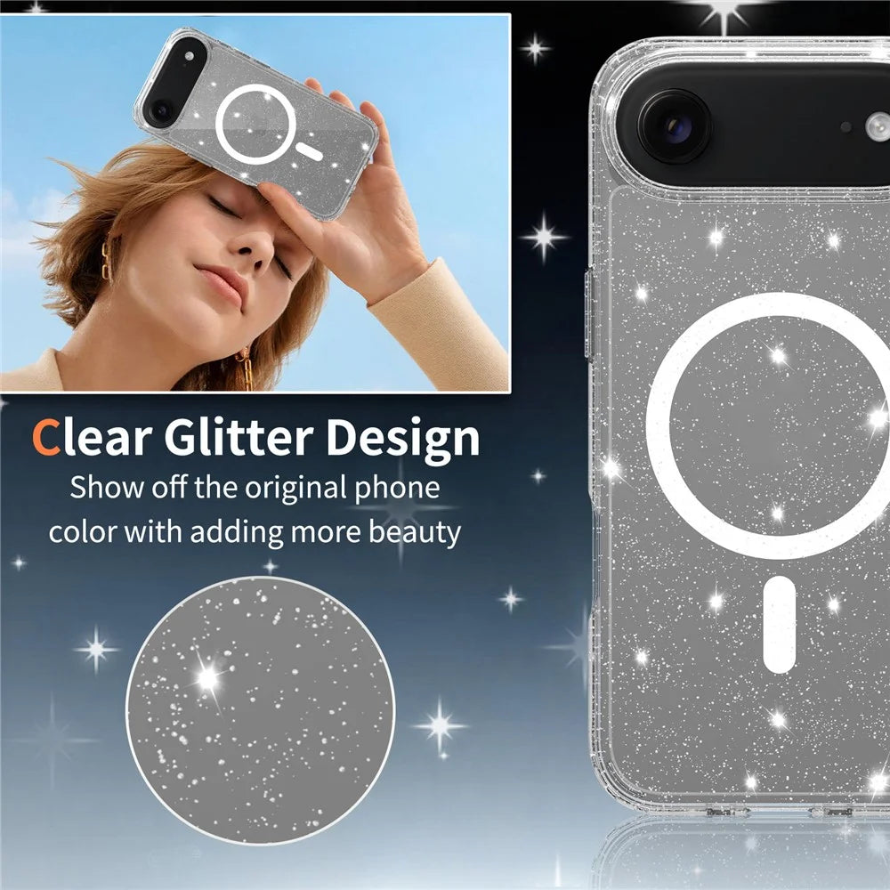For iPhone Air Magnetic Case Glitter Design TPU PC PET Drop Proof Phone Cover - Transparent - 2