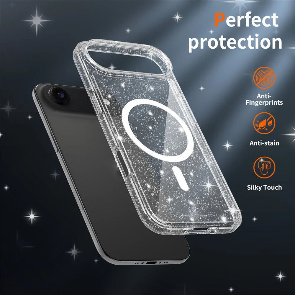 For iPhone Air Magnetic Case Glitter Design TPU PC PET Drop Proof Phone Cover - Transparent - 5