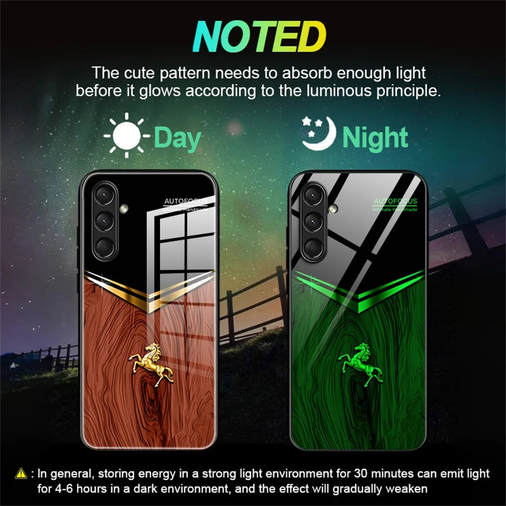 For Samsung Galaxy A16 5G / A16 4G Luminous Case Pattern Print Night Glow TPU + PC + Tempered Glass Phone Back Cover - Wood Texture Golden Horse - 2