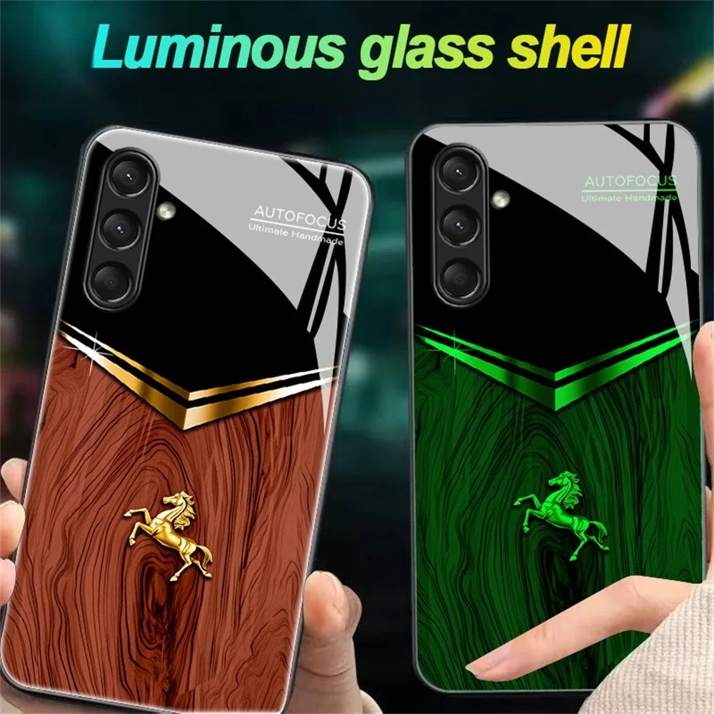 For Samsung Galaxy A16 5G / A16 4G Luminous Case Pattern Print Night Glow TPU + PC + Tempered Glass Phone Back Cover - Wood Texture Golden Horse - 4