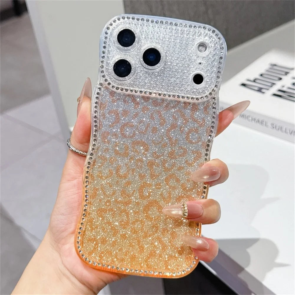 For iPhone 18 Pro / 17 Pro Case Rhinestone Decor Wave Frame TPU Phone Cover with Leopard Print Glitter Card - Gradient Orange - 1