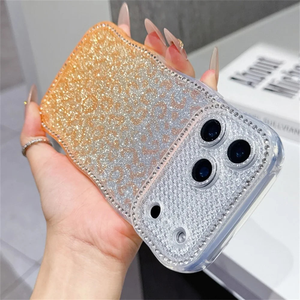For iPhone 18 Pro / 17 Pro Case Rhinestone Decor Wave Frame TPU Phone Cover with Leopard Print Glitter Card - Gradient Orange - 2