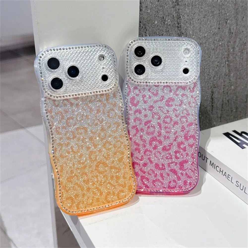 For iPhone 18 Pro / 17 Pro Case Rhinestone Decor Wave Frame TPU Phone Cover with Leopard Print Glitter Card - Gradient Orange - 3