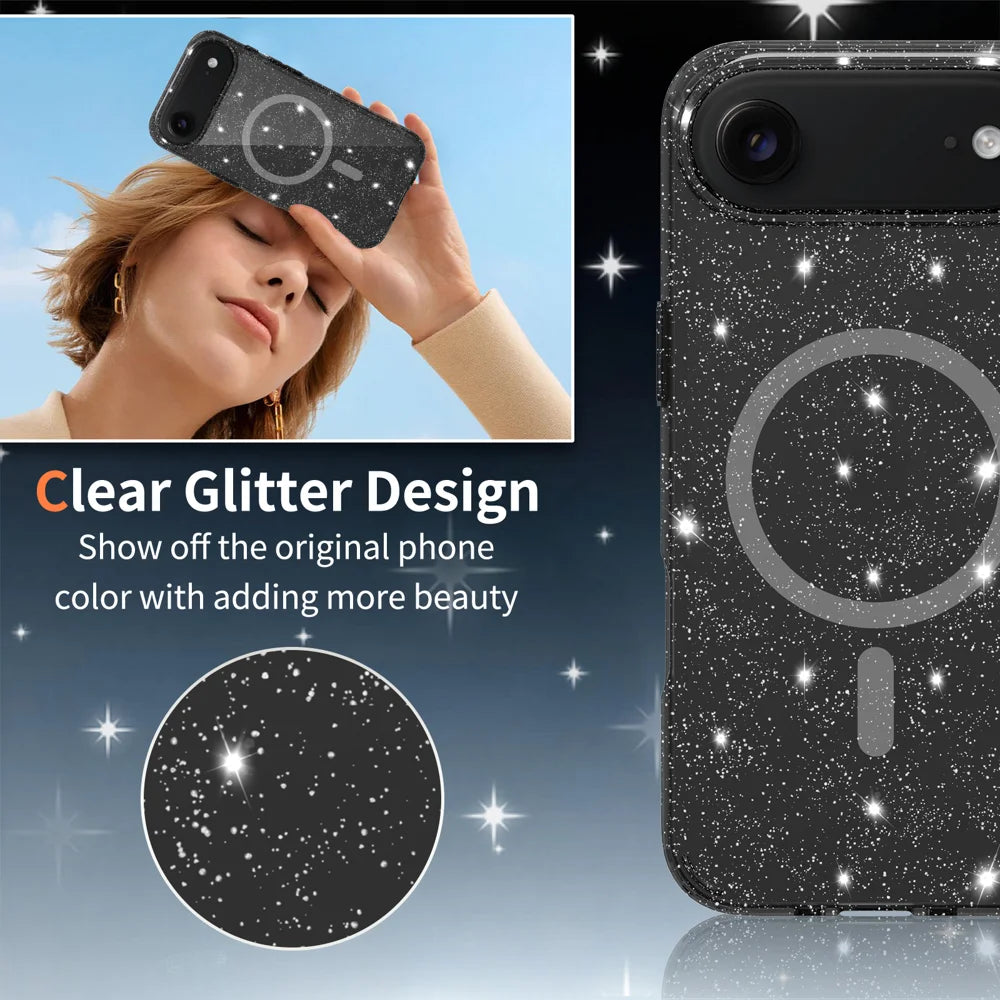 For iPhone Air Magnetic Case Glitter Design TPU PC PET Drop Proof Phone Cover - Black - 2