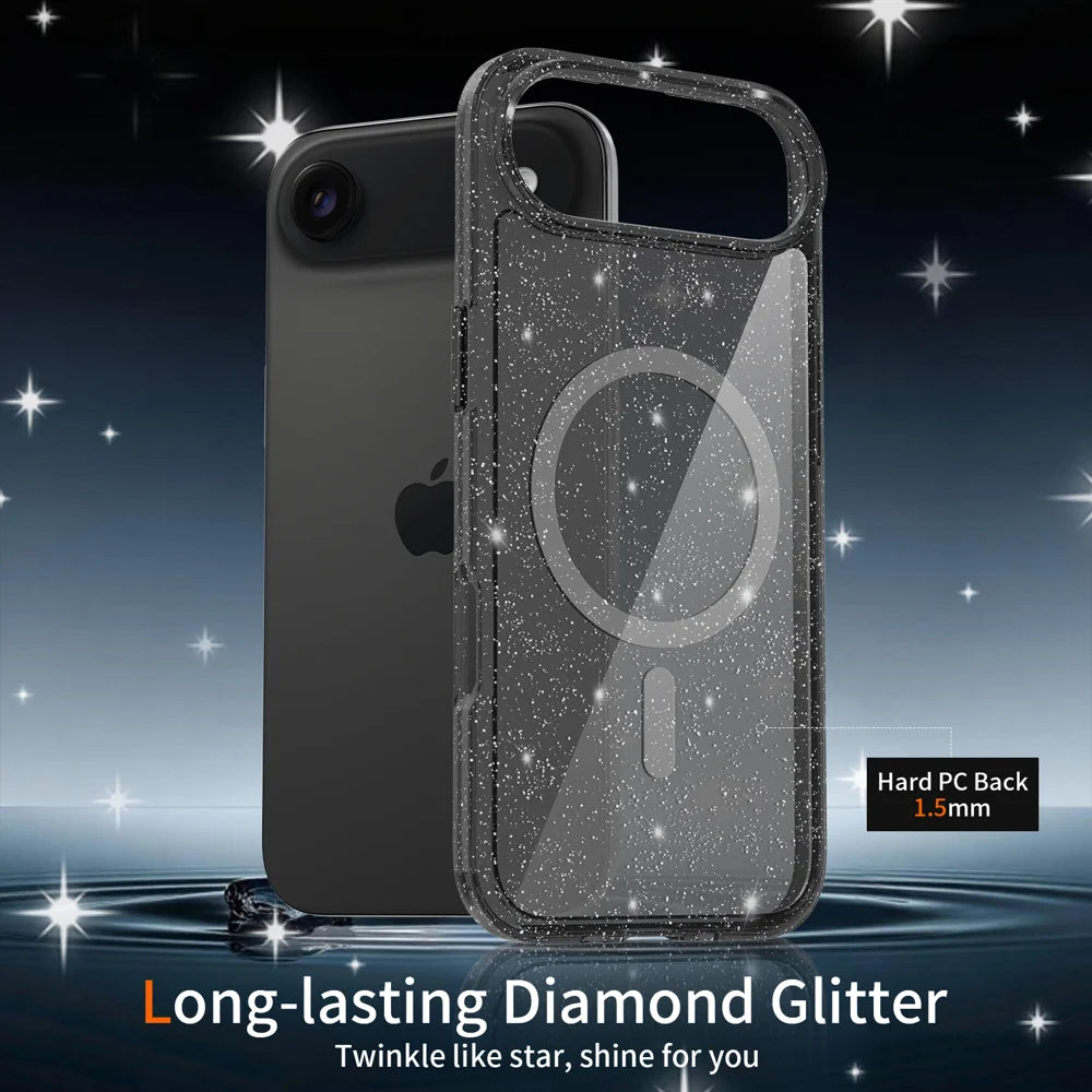 For iPhone Air Magnetic Case Glitter Design TPU PC PET Drop Proof Phone Cover - Black - 4