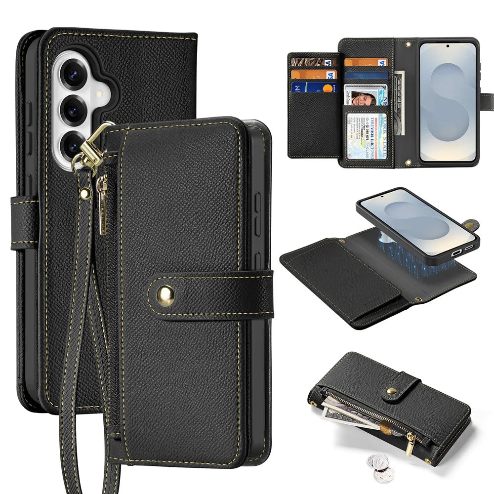 DUX DUCIS For Samsung Galaxy S26 Case Lawa Series Detachable Magnetic Cowhide Leather Cover Zipper Wallet - Black - 1