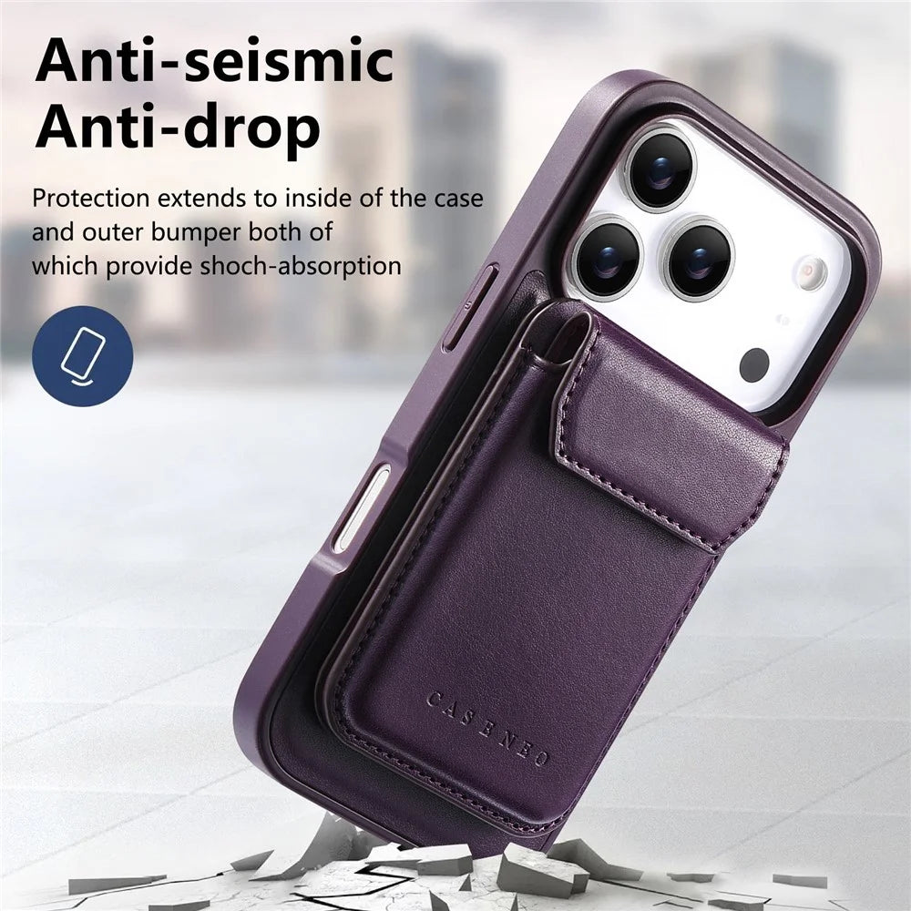 CASENEO For iPhone 18 Pro / 17 Pro Magnetic Case PU Leather PC Phone Cover with Detachable Card Holder Kickstand Compatible with MagSafe - Purple - 6