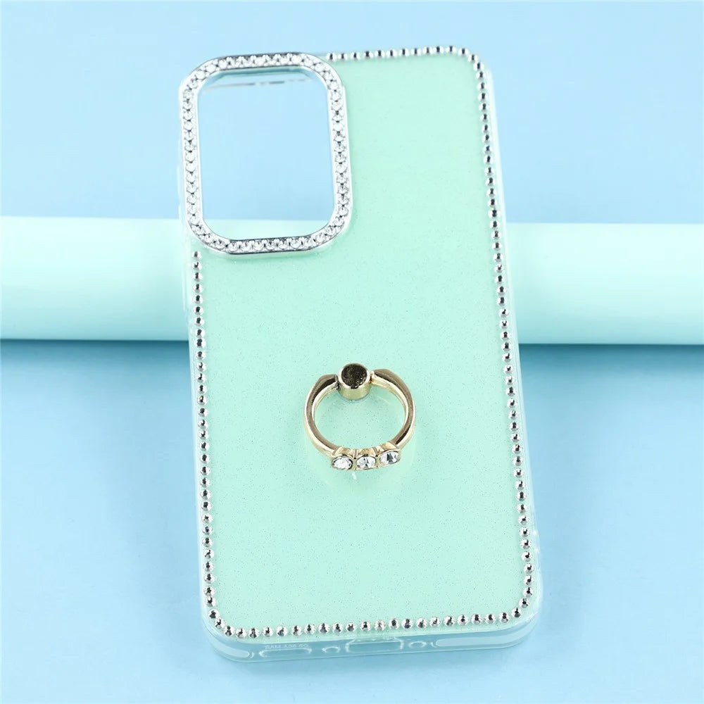 For Samsung Galaxy A57 5G Case with Ring Kickstand Rhinestone Edge TPU + PC IMD Phone Cover - Glitter Light Green - 4