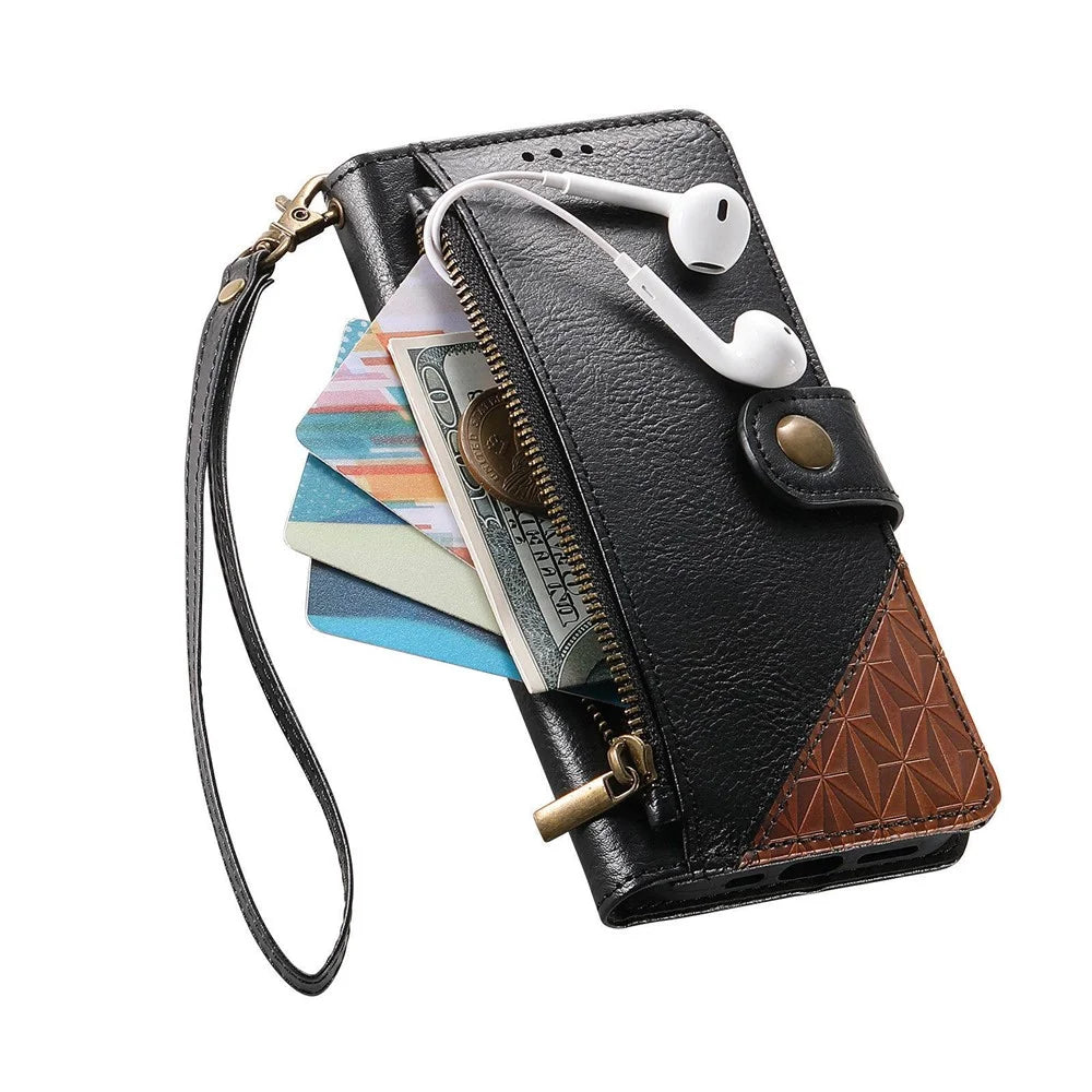 For iPhone 18 Pro / 17 Pro Case Color Splicing TPU PU Leather Flip Shockproof Phone Cover with Wrist Strap - Black - 4