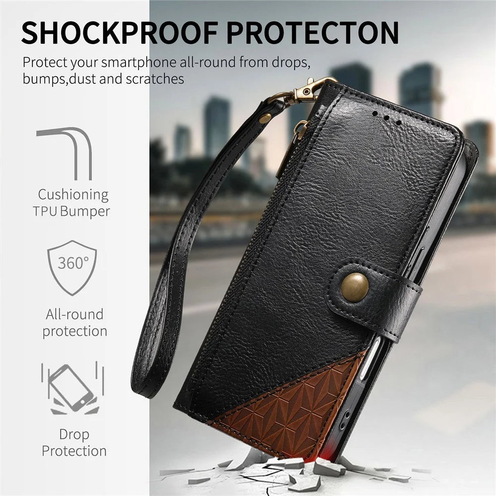 For iPhone 18 Pro / 17 Pro Case Color Splicing TPU PU Leather Flip Shockproof Phone Cover with Wrist Strap - Black - 6