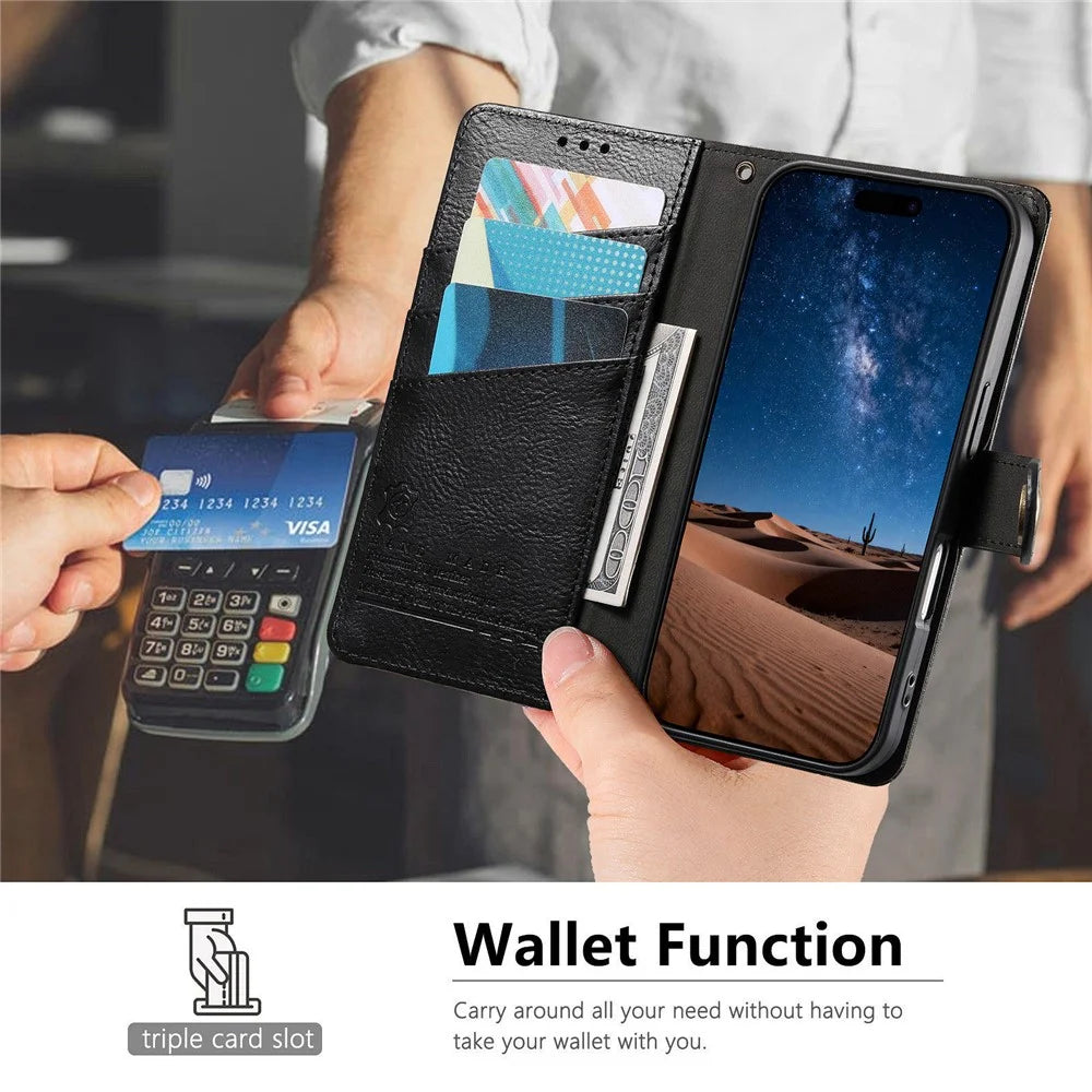 For iPhone 18 Pro / 17 Pro Case Color Splicing TPU PU Leather Flip Shockproof Phone Cover with Wrist Strap - Black - 7