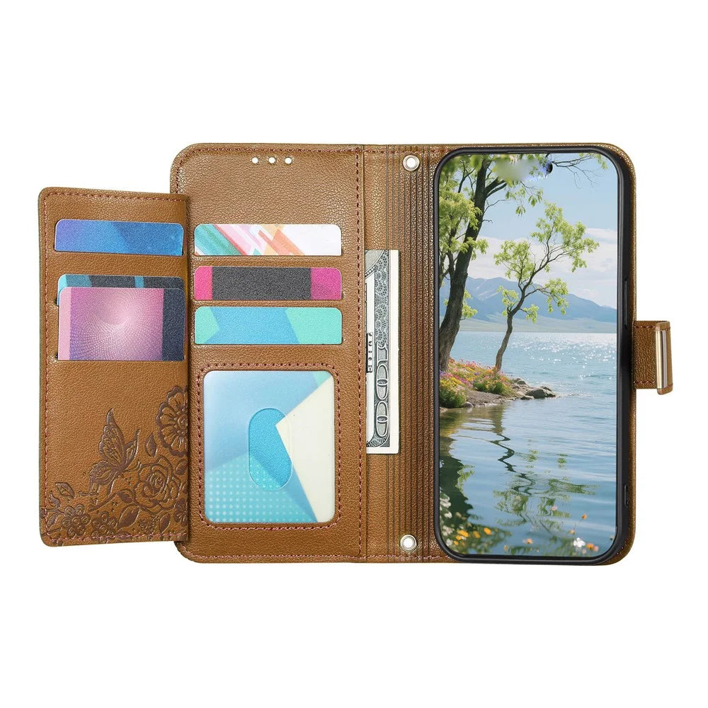 For vivo X300 Pro 5G Case Floral Leaf Pattern Multi Card Slots Zipper Leather Phone Cover with Wrist Strap - Brown - 2
