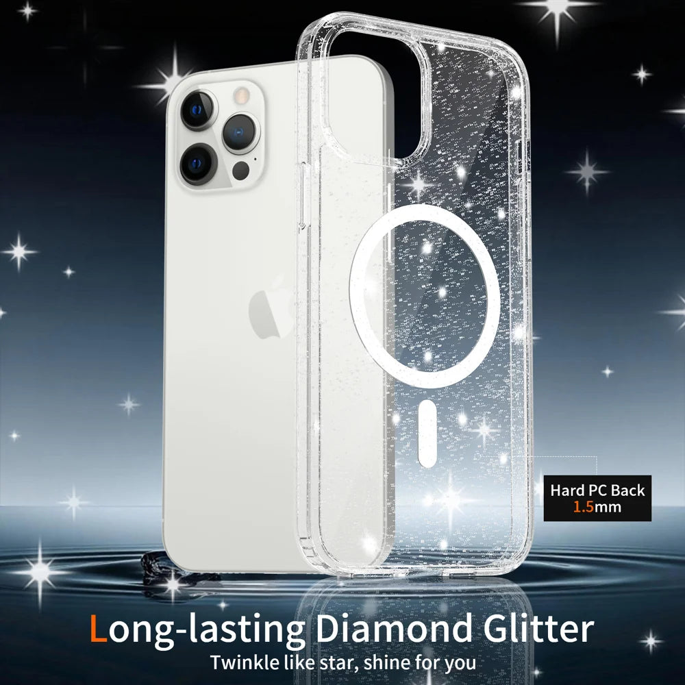 For iPhone 12 Pro Max Magnetic Case Glitter Design TPU PC PET Drop Proof Phone Cover - Transparent - 5