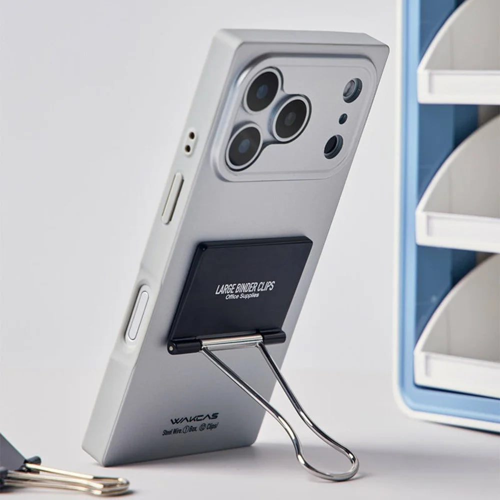 WAKCAS For iPhone 17 Pro Case Metal Binder Clip Kickstand Matte TPU Square Phone Cover - Silver - 4