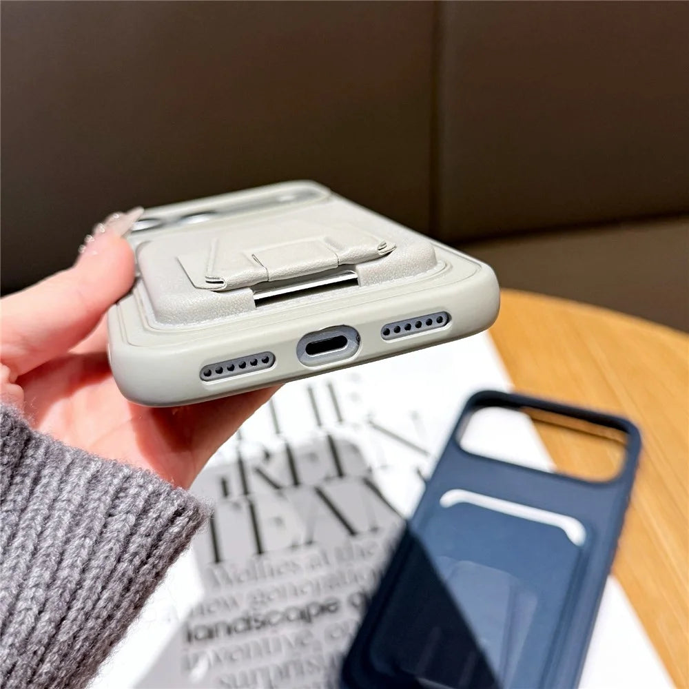 For iPhone 17 Pro Max Phone Case with Card Holder Kickstand Leather PC TPU Shockproof Protective Cover - Dark Green - 6