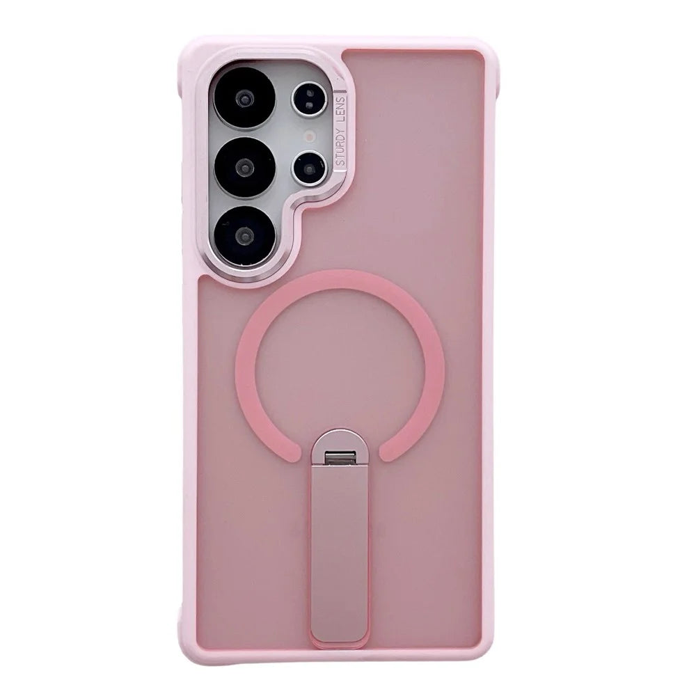 For Samsung Galaxy S25 Ultra Magnetic Phone Case Skin Feel PC TPU Protective Cover with Kickstand - Pink - 1