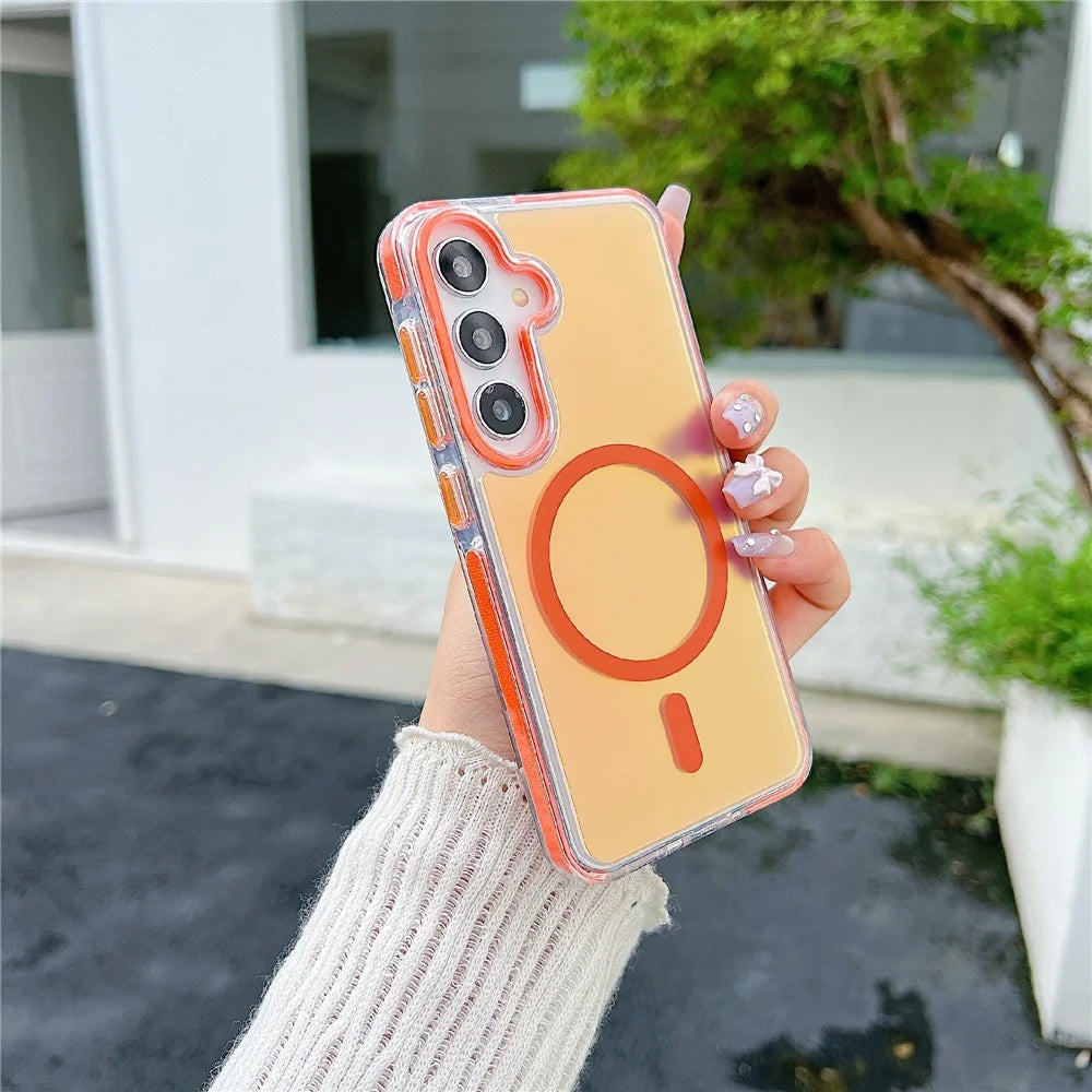 For Samsung Galaxy S25 / S24 Magnetic Case Laser Color Changing PC TPU Phone Protection Cover - Orange - 1