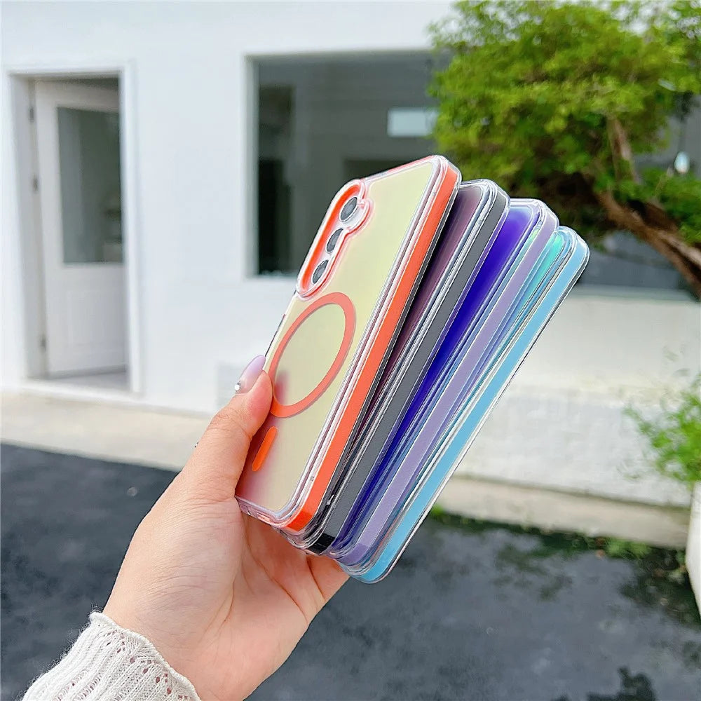 For Samsung Galaxy S25 / S24 Magnetic Case Laser Color Changing PC TPU Phone Protection Cover - Orange - 5