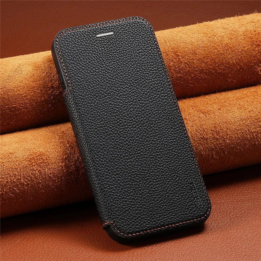 ESEBLE For iPhone 16 Pro Max Magnetic Case Ultra Thin Litching Textured Leather Flip Cover with Card Slot Compatible with Magsafe - Black - 6