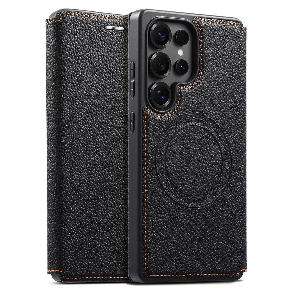ESEBLE For Samsung Galaxy S25 Ultra Magnetic Case Ultra Thin Litching Textured Leather Flip Cover with Card Slot - Black - 1